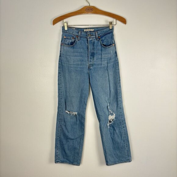 Levi’s Womens 26 X 27 Ribcage Straight High Rise Ankle Button Jeans Distressed - Picture 1 of 11